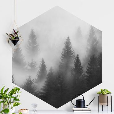 Sześciokątna tapeta samoprzylepna - Las iglasty w mgle, czerń, biel