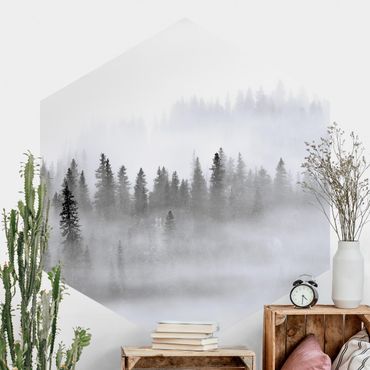 Sześciokątna tapeta samoprzylepna - Mgła w Puszczy Jodłowej Czarno-biała