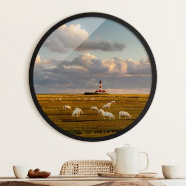 Okrągły obraz w ramie - North Sea Lighthouse With Flock Of Sheep