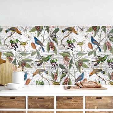 Panel ścienny do kuchni - Nostalgiczny jagodowy Niebieskis z rajskimi ptakami