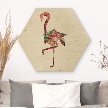 Obraz heksagonalny z drewna - Origami Flamingo
