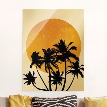 Obraz na szkle - Palmy na tle złotego słońca