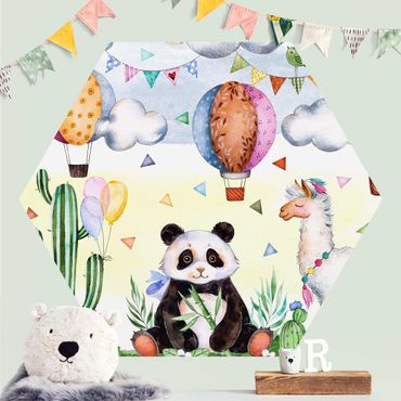 Sześciokątna tapeta samoprzylepna - Panda i lama Akwarela