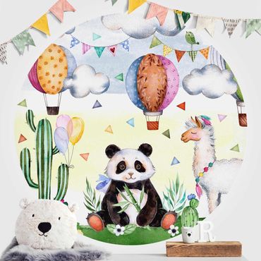Okrągła tapeta samoprzylepna - Panda i lama Akwarela