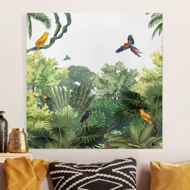 Obraz na płótnie - Parada papug w dżungli - Kwadrat 1:1
