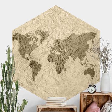 Sześciokątna tapeta samoprzylepna - Papierowa mapa świata beżowo-brązowa