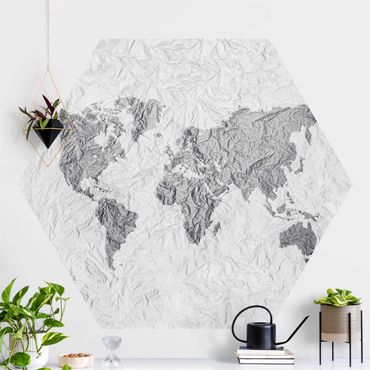 Sześciokątna tapeta samoprzylepna - Papierowa mapa świata biała szara