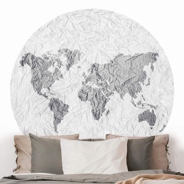 Okrągła tapeta samoprzylepna - Papierowa mapa świata biała szara
