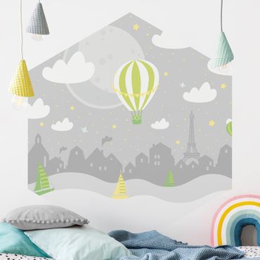 Sześciokątna tapeta samoprzylepna - Paryż z gwiazdami i balonem na gorące powietrze w kolorze szarym