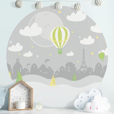 Okrągła tapeta samoprzylepna - Paryż z gwiazdami i balonem na gorące powietrze w kolorze szarym