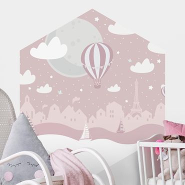 Sześciokątna tapeta samoprzylepna - Paryż z gwiazdami i różowym balonem na ogrzane powietrze