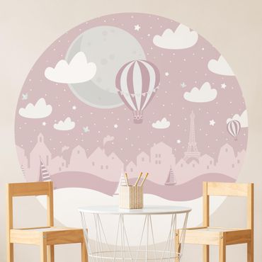 Okrągła tapeta samoprzylepna - Paryż z gwiazdami i różowym balonem na ogrzane powietrze