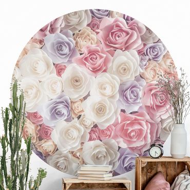 Okrągła tapeta samoprzylepna - Pastelowe papierowe róże artystyczne