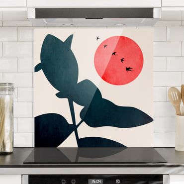 Panel szklany do kuchni - Świat roślin z czerwonym słońcem