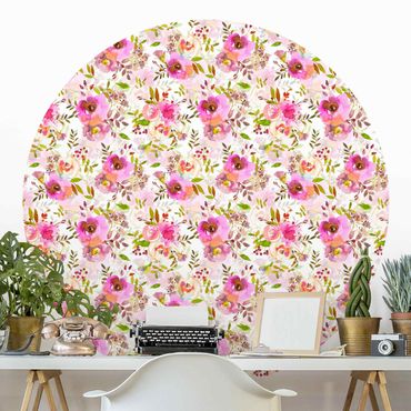 Okrągła tapeta samoprzylepna - Różowe kwiaty akwarelowe