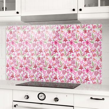 Panel szklany do kuchni - Różowe kwiaty z motylami