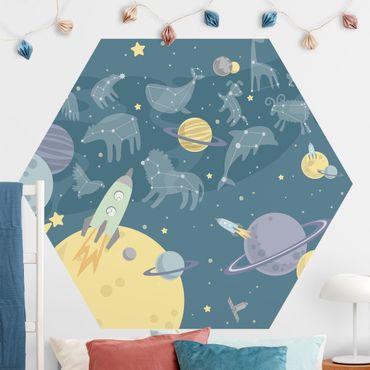 Sześciokątna tapeta samoprzylepna - Planety ze znakami zodiaku i rakietami