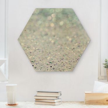 Obraz heksagonalny z drewna - Pejzaż z brokatem dla księżniczek w kolorze miętowym