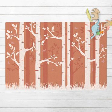 Mata korkowa - Różowy las brzozowy z motylami i ptakami