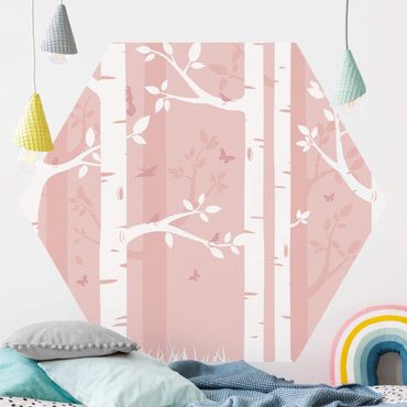 Sześciokątna tapeta samoprzylepna - Różowy las brzozowy z motylami i ptakami