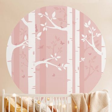 Okrągła tapeta samoprzylepna - Różowy las brzozowy z motylami i ptakami