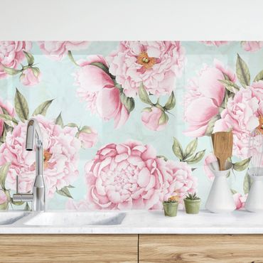 Panel ścienny do kuchni - Różowe kwiaty na mięcie jako akwarela