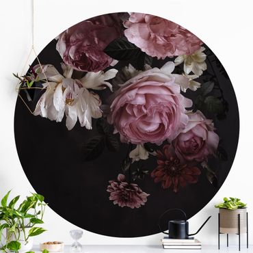 Okrągła tapeta samoprzylepna - Różowe kwiaty na czarnym tle Vintage