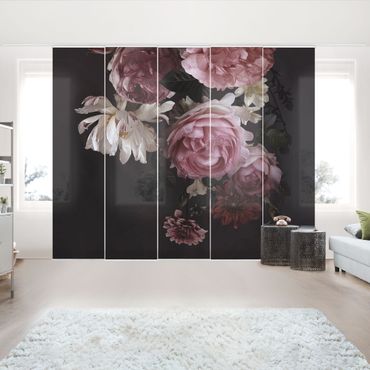Zasłony panelowe zestaw - Różowe kwiaty na czarnym tle Vintage