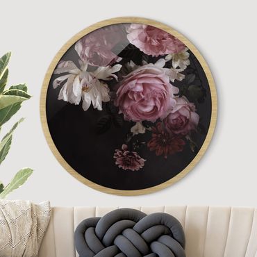 Okrągły obraz w ramie - Pink Flowers On Black Vintage