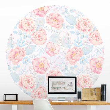 Okrągła tapeta samoprzylepna - Różowe kwiaty z jasnoniebieskimi liśćmi