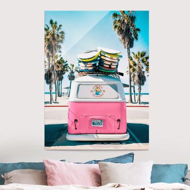 Obraz na szkle - Pink VW Bus With Surfboards