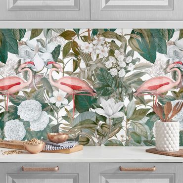 Panel ścienny do kuchni - Różowe flamingi z liśćmi i białymi kwiatami II
