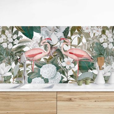 Panel ścienny do kuchni - Różowe flamingi z liśćmi i białymi kwiatami