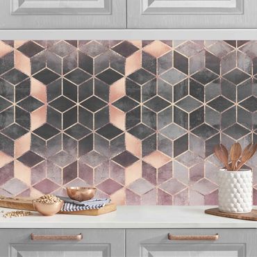 Panel ścienny do kuchni - Różowo-szara Złota geometria II