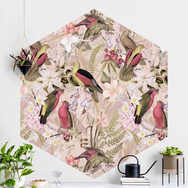 Sześciokątna tapeta samoprzylepna - Różowe pastelowe ptaki z kwiatami