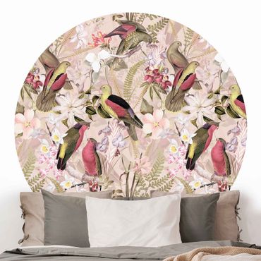 Okrągła tapeta samoprzylepna - Różowe pastelowe ptaki z kwiatami