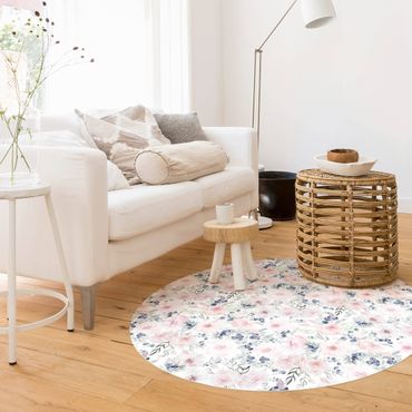 Okrągły dywan winylowy - Różowe róże z borówkami na tle bieli