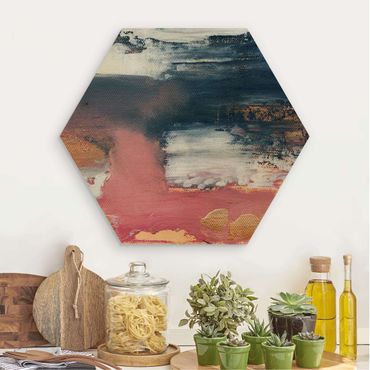 Obraz heksagonalny z drewna - Różowa burza z złotem