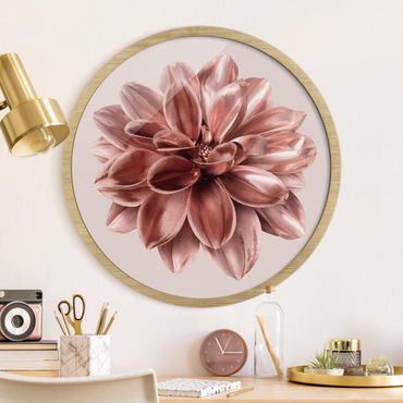 Okrągły obraz w ramie - Rosé Golden Dahlia In Metallic