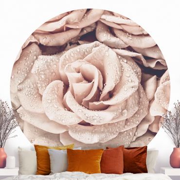 Okrągła tapeta samoprzylepna - Róże w sepii z kroplami wody