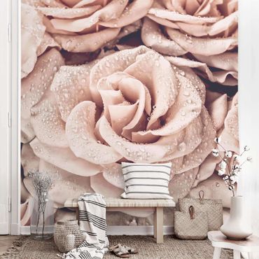 Fototapeta - Róże w sepii z kroplami wody