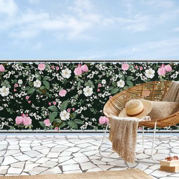 Osłona balkonowa zapewniająca prywatność - Róże i motyle na ciemnozielonym tle