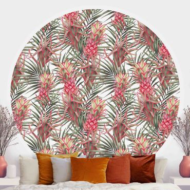 Okrągła tapeta samoprzylepna - Czerwony ananas z liśćmi palmowymi Tropikalny