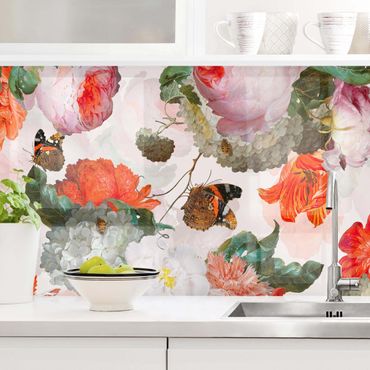 Panel ścienny do kuchni - Czerwone kwiaty z motylami
