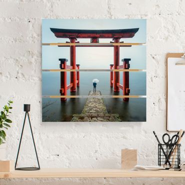 Obraz z drewna - Czerwone torii nad jeziorem Ashi