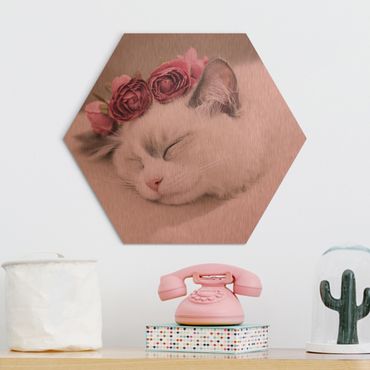 Obraz heksagonalny z Alu-Dibond - Śpiący kot z różami