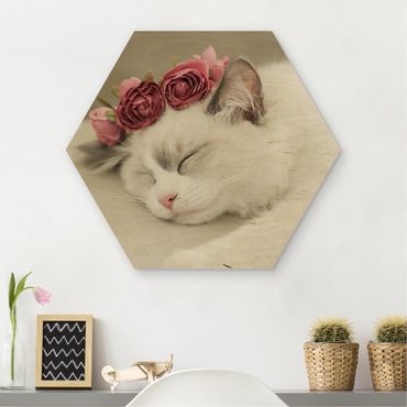 Obraz heksagonalny z drewna - Śpiący kot z różami