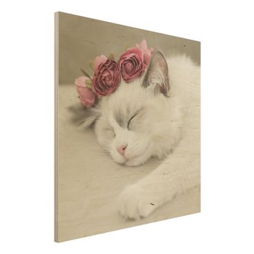 Obraz z drewna - Śpiący kot z różami