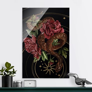 Obraz na szkle - Wąż z różami czarno-złoty III