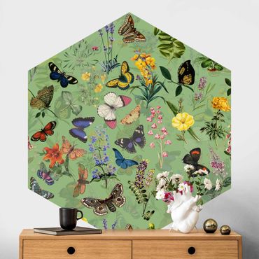 Sześciokątna tapeta samoprzylepna - Motylki z kwiatami na zielonym tle